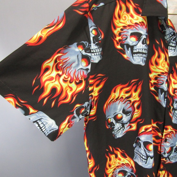 UPANN Skull Flame Button Up Shirt Graphic Print Short Sleeve XXXL Flaming Biker - Picture 1 of 6